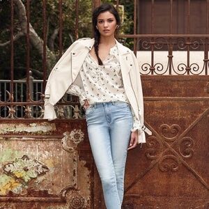 PAIGE | Rhoda Linen Blend Flared Sleeves Moto Belted Jacket Papyrus | Size XS